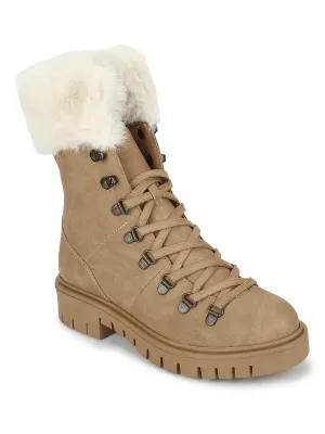 Beige Nubuck Lace Up Faux Fur Ankle Boots