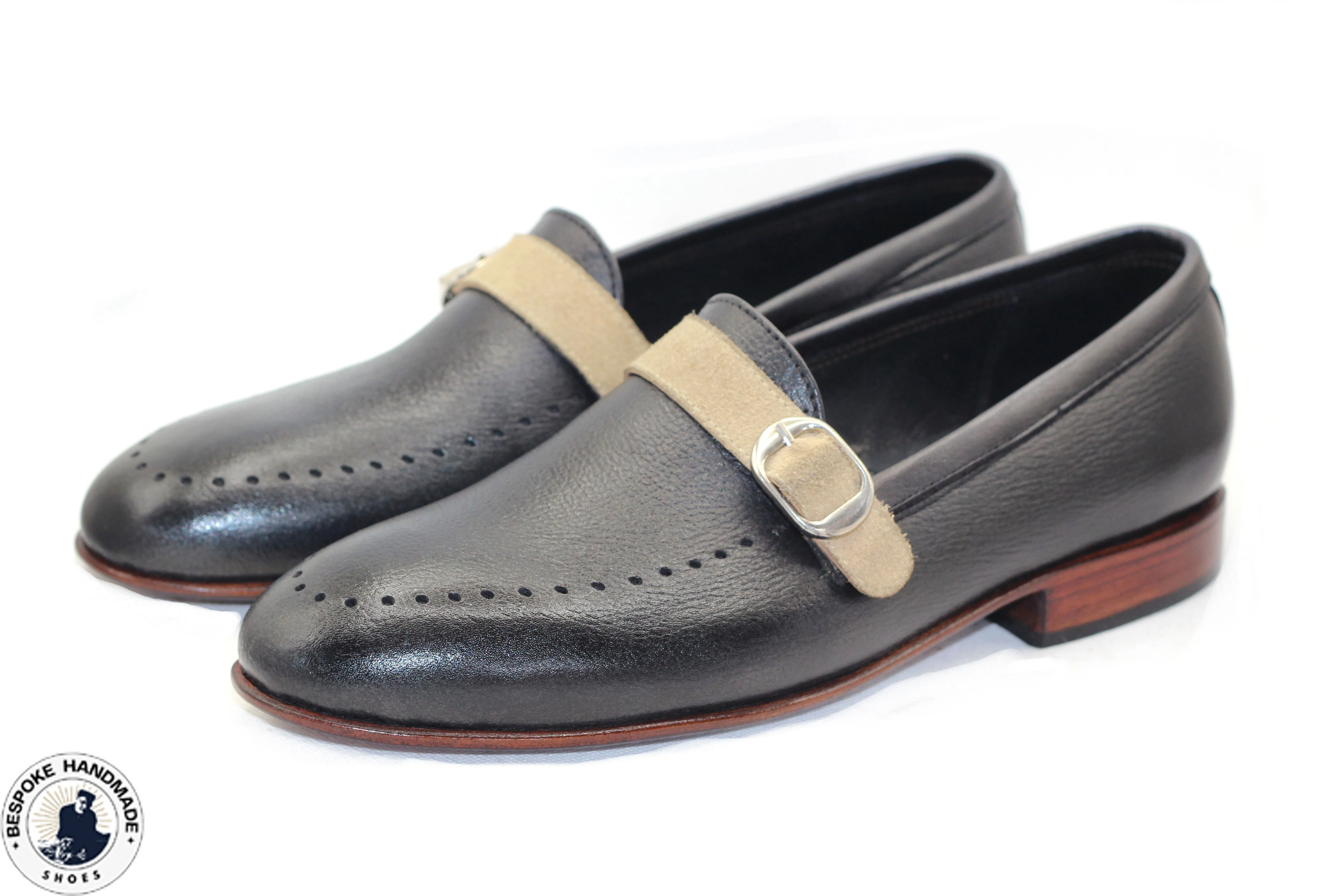 Bespoke Two Tone Black Leather Beige Suede Formal Shoes, Slip On Loafers Monk Strap Shoes