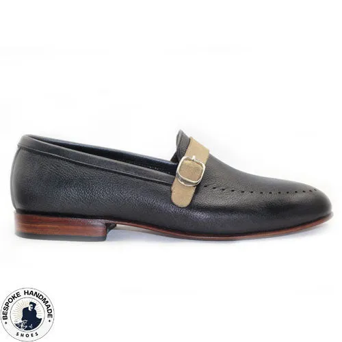 Bespoke Two Tone Black Leather Beige Suede Formal Shoes, Slip On Loafers Monk Strap Shoes