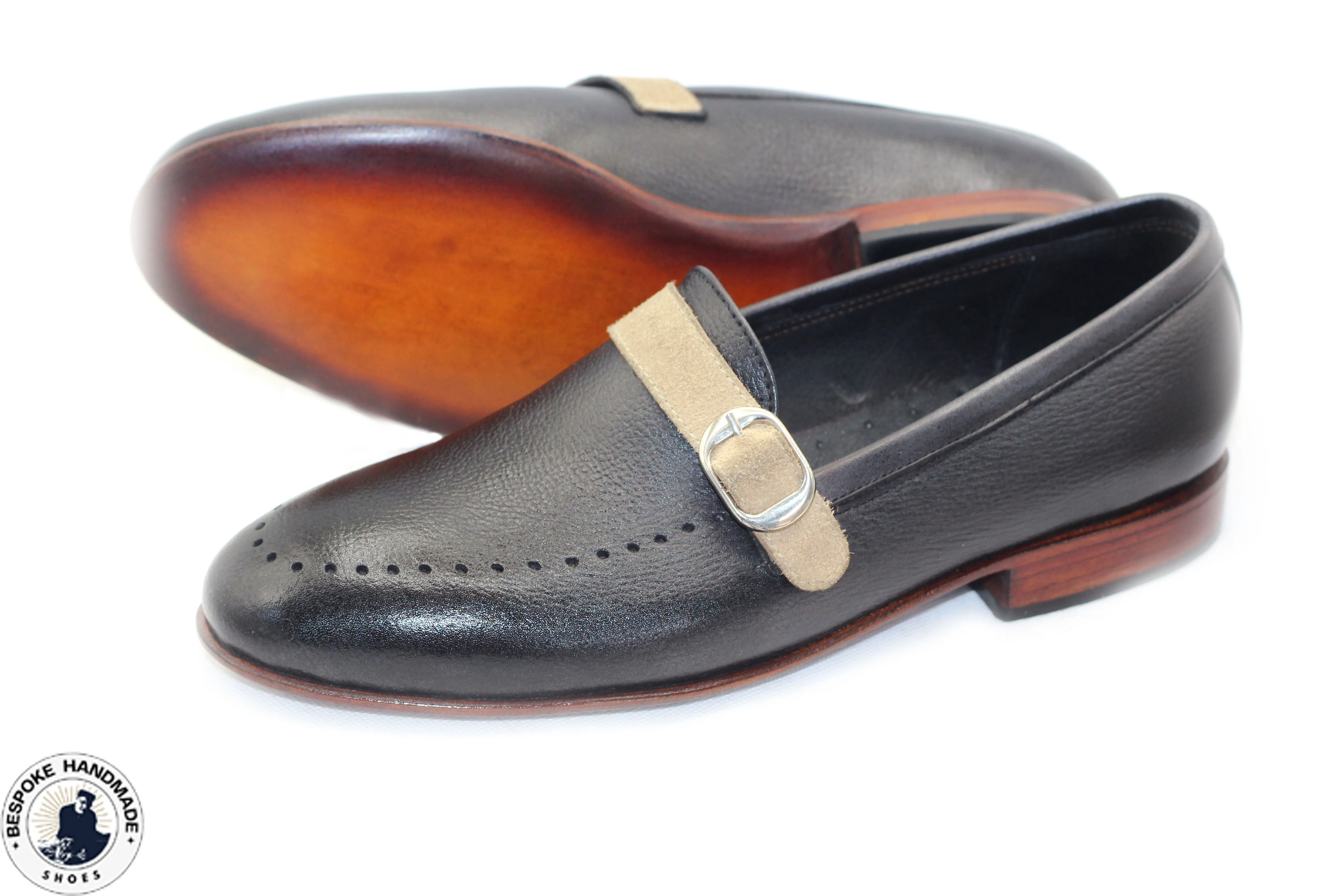 Bespoke Two Tone Black Leather Beige Suede Formal Shoes, Slip On Loafers Monk Strap Shoes