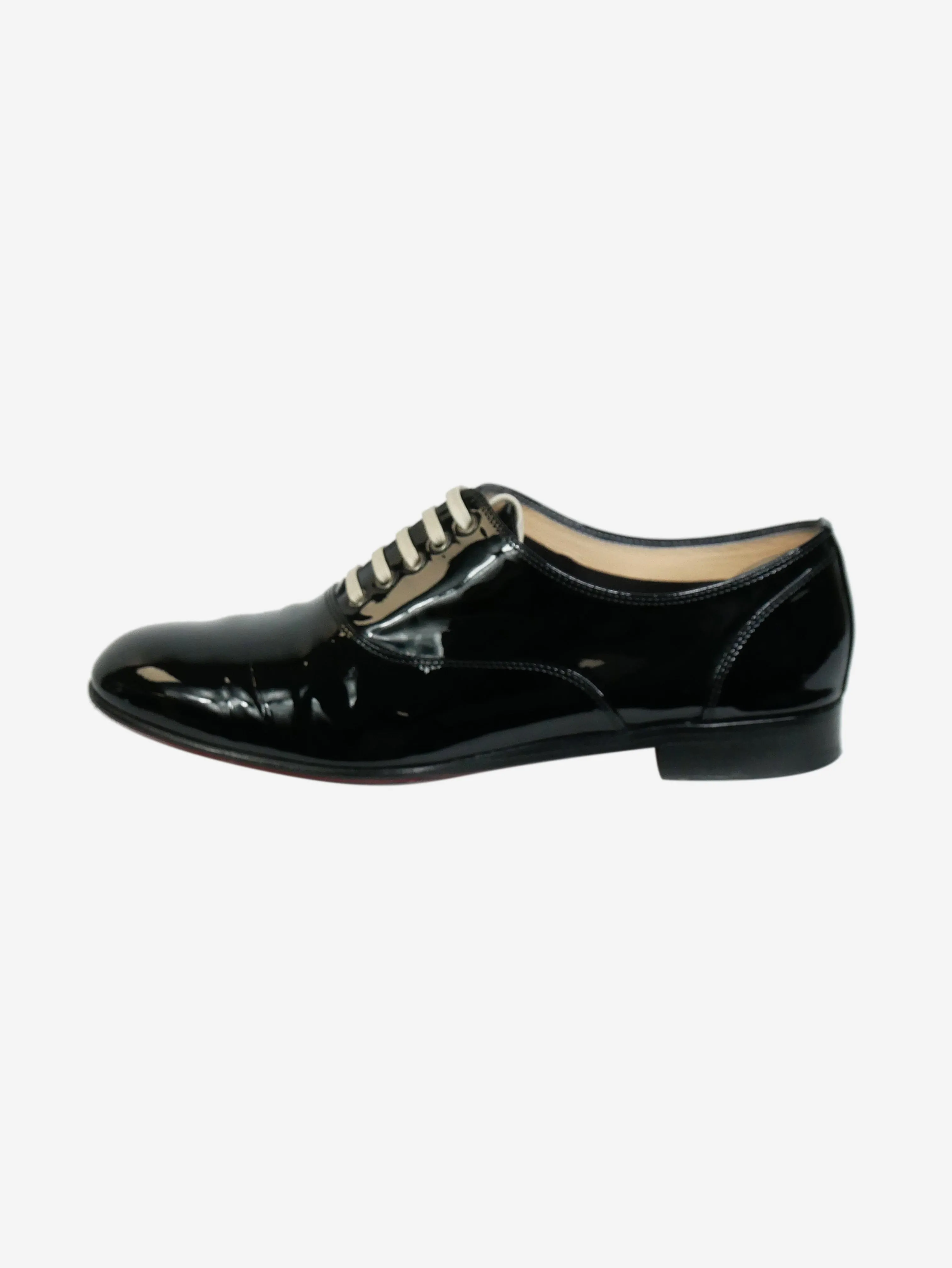 Black patent flat shoes with white laces - size EU 37.5