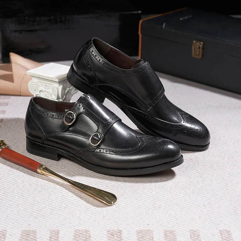 Classic Double Buckle Leather Monk Shoes