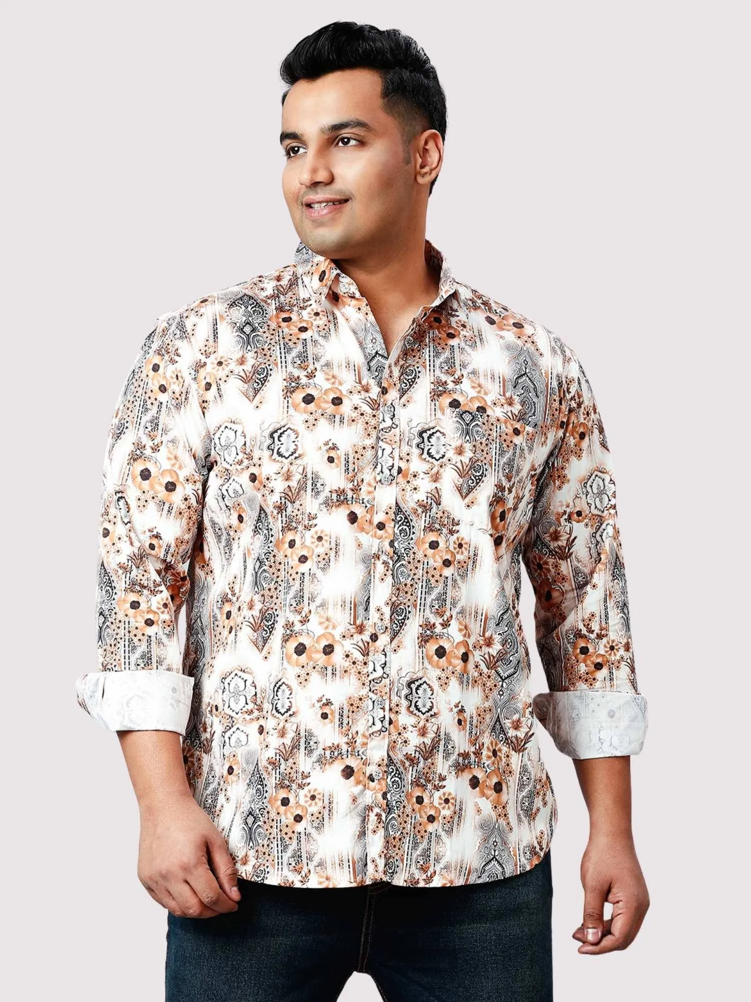 French Beige Digital Printed Full Sleeve Shirt Men's Plus Size