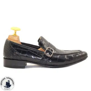 Goodyear Welted Black Crocodile Leather Monk Strap Slip On Men's Loafers Shoes