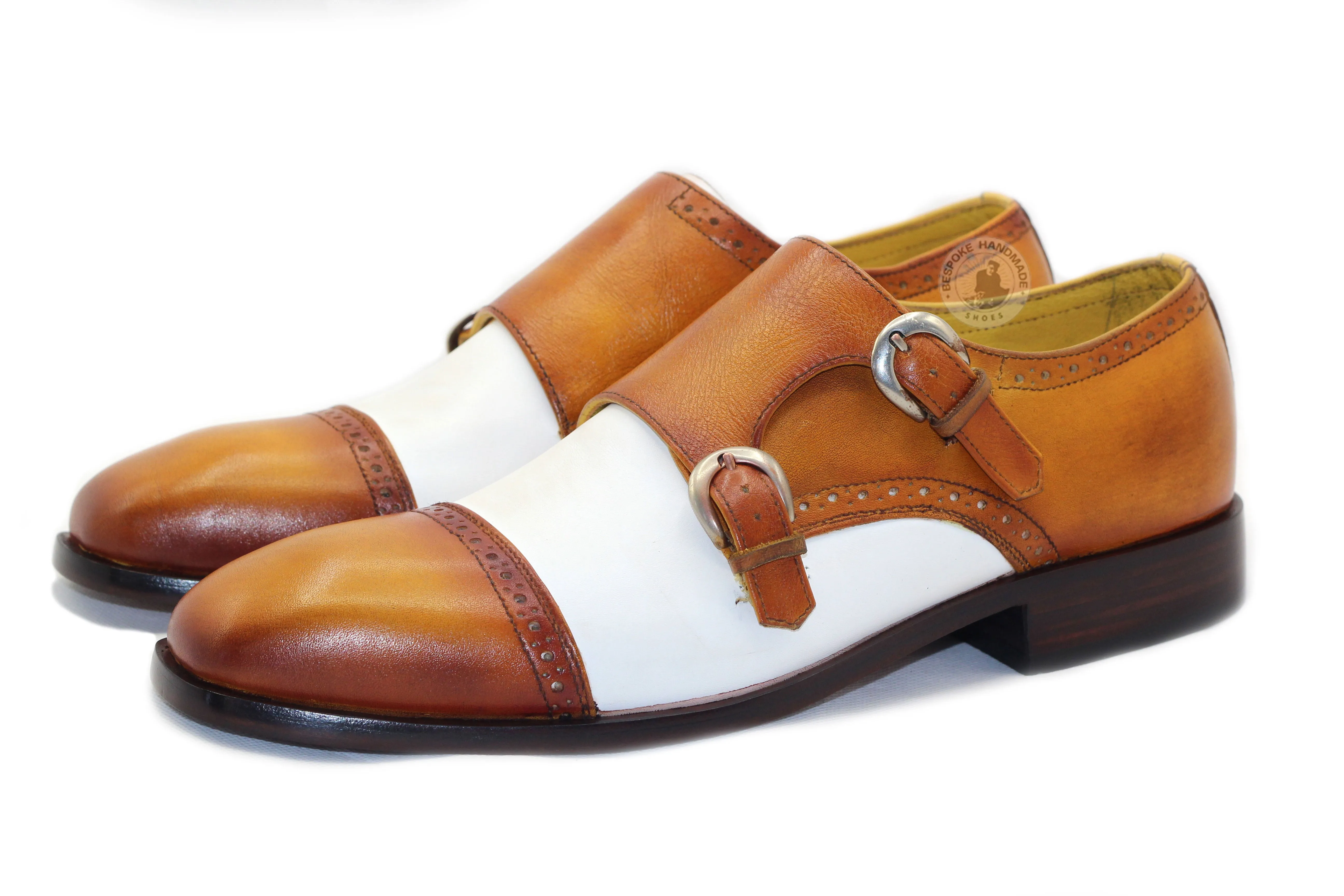 Goodyear Welted Double Monk Strap Tan and White Leather Loafers Toe Cap Shoes