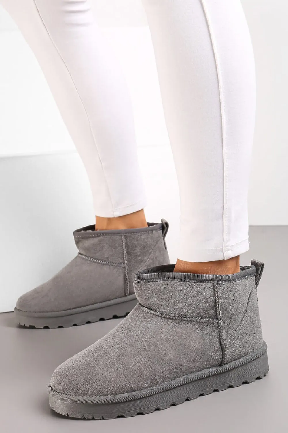 GREY FAUX SUEDE ULTRA MINI COZY SNOW ANKLE BOOTS