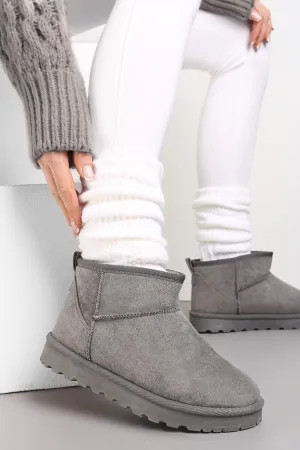 GREY FAUX SUEDE ULTRA MINI COZY SNOW ANKLE BOOTS