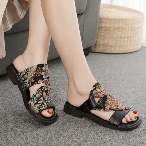 Linen Printed Fashion Open Toe Genuine Leather Slippers