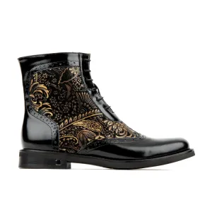 Mantis - Black Gold - Women's higher ankle oxford boot with wingtip and broguing