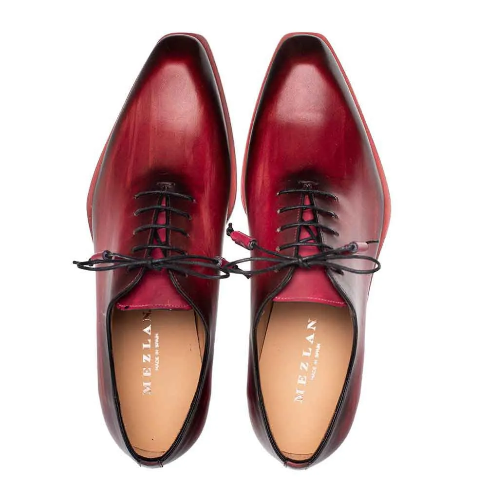 Mezlan Dietro Burgundy Whole Cut Angular Patina-Finish Calfskin Oxford Shoes