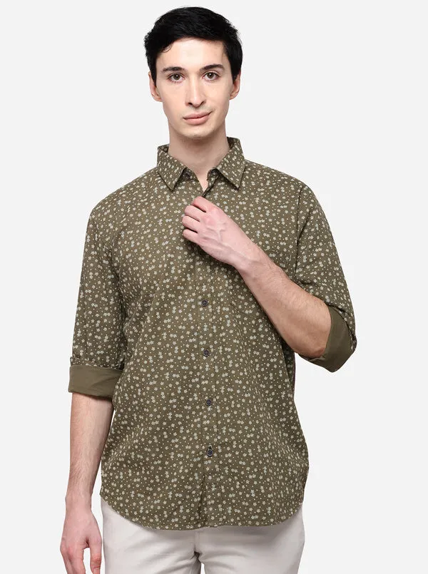 Olive Tailored Fit Printed Casual Shirt | JadeBlue