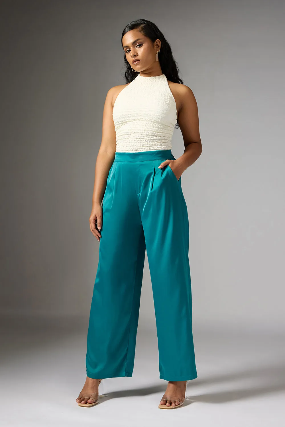 Opal Green Satin Straight Korean Pants