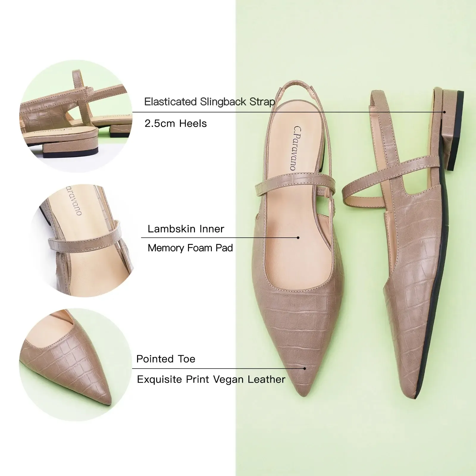 Pointed Toe Crozzling Slingback Flats (Freya)