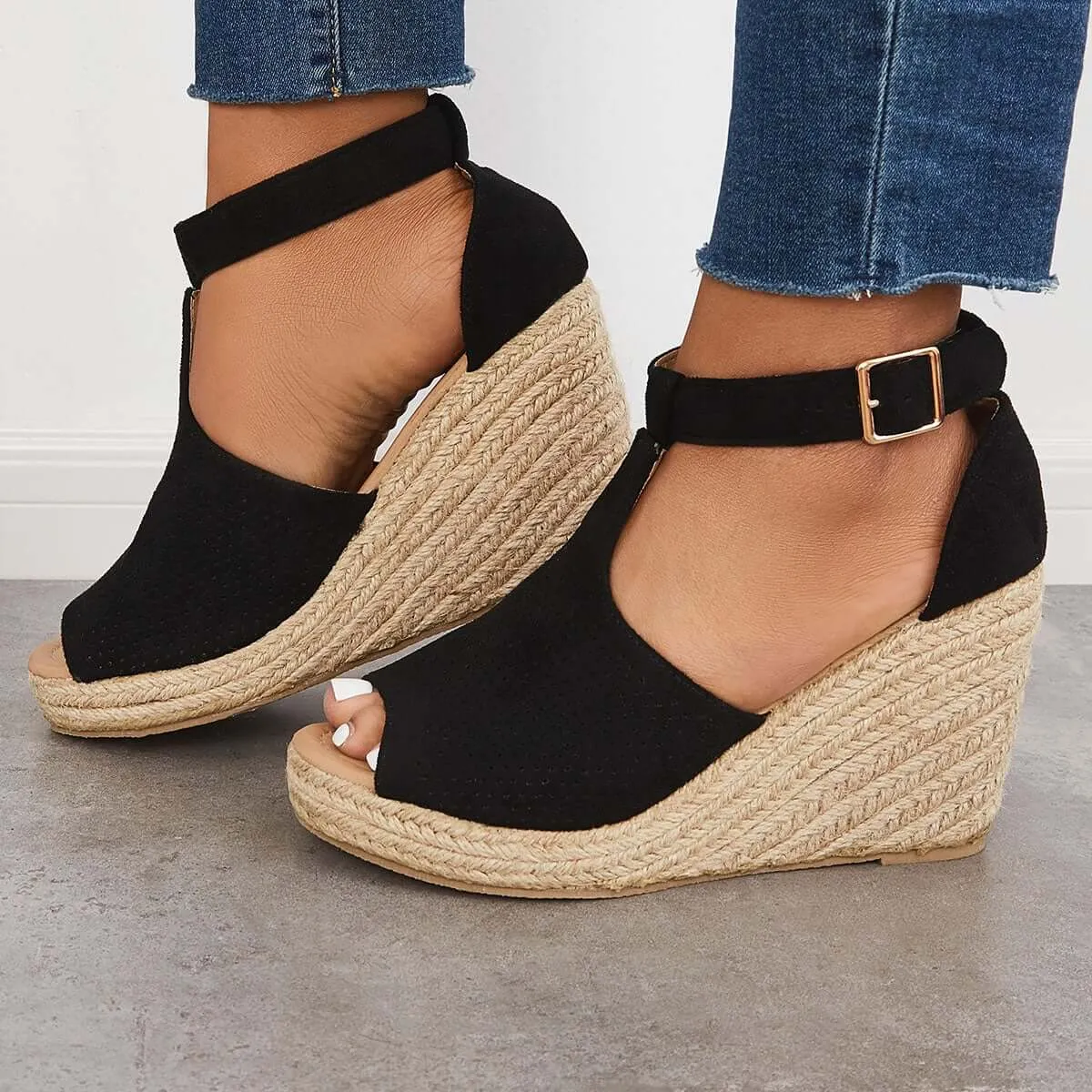 Sohiwoo  Imilybela Women Black Summer Wedge Platform Espadrille Heel Wedges Ankle Strap Sandals