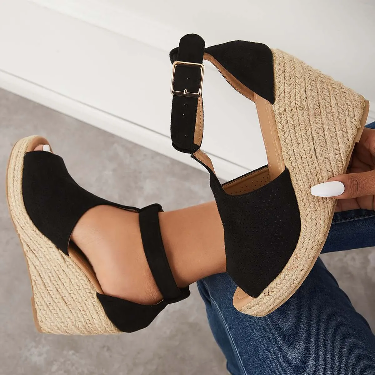 Sohiwoo  Imilybela Women Black Summer Wedge Platform Espadrille Heel Wedges Ankle Strap Sandals