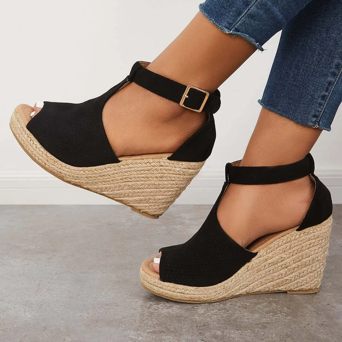 Sohiwoo  Imilybela Women Black Summer Wedge Platform Espadrille Heel Wedges Ankle Strap Sandals