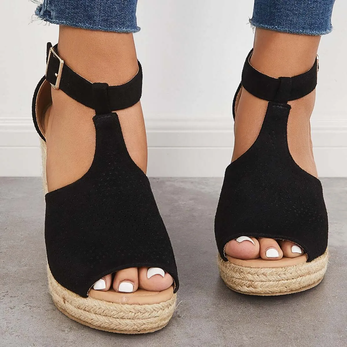 Sohiwoo  Imilybela Women Black Summer Wedge Platform Espadrille Heel Wedges Ankle Strap Sandals