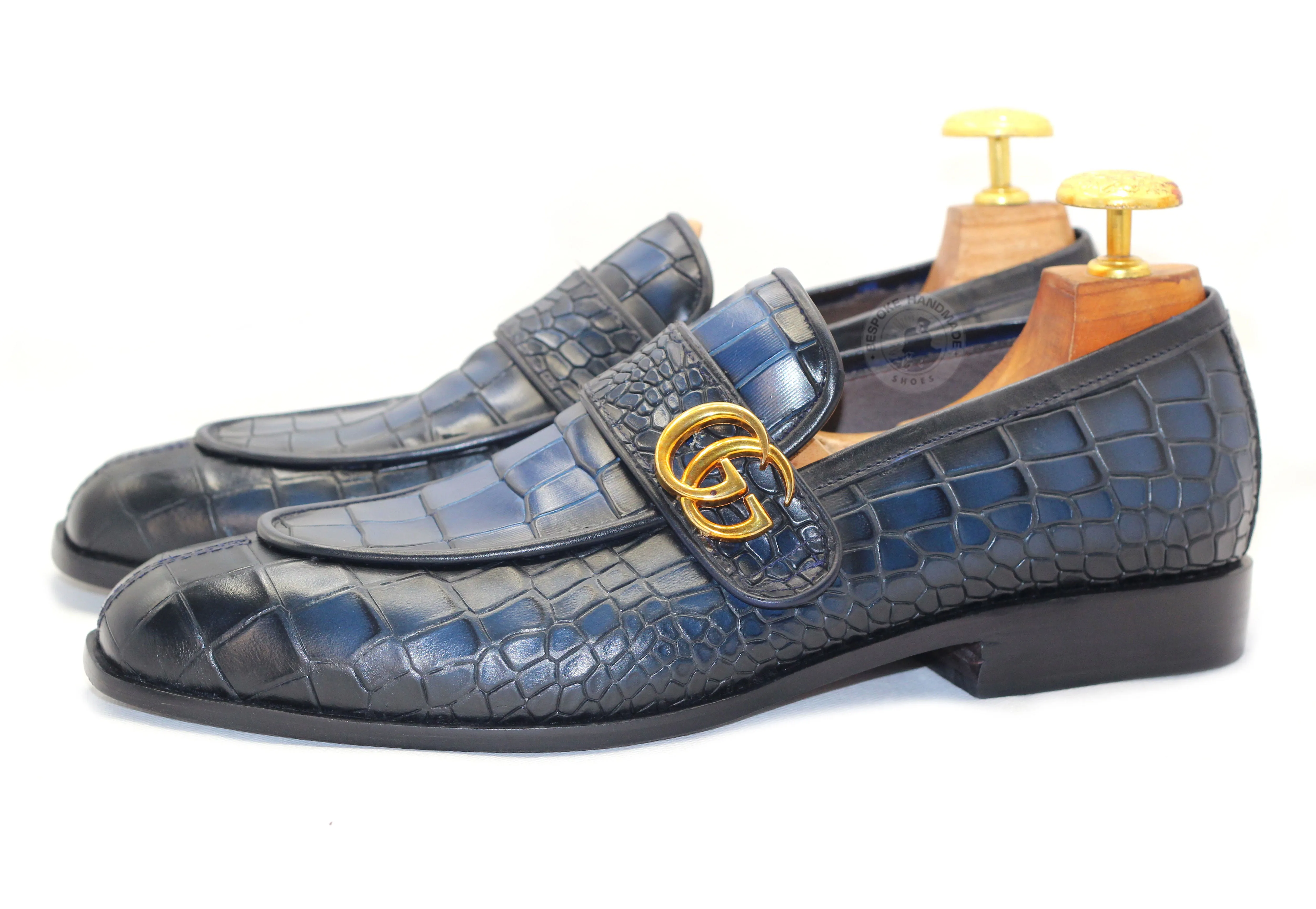 Tailor made Men's Blue Crocodile Print Leather Slip On Loafers Dress and Formal Shoes