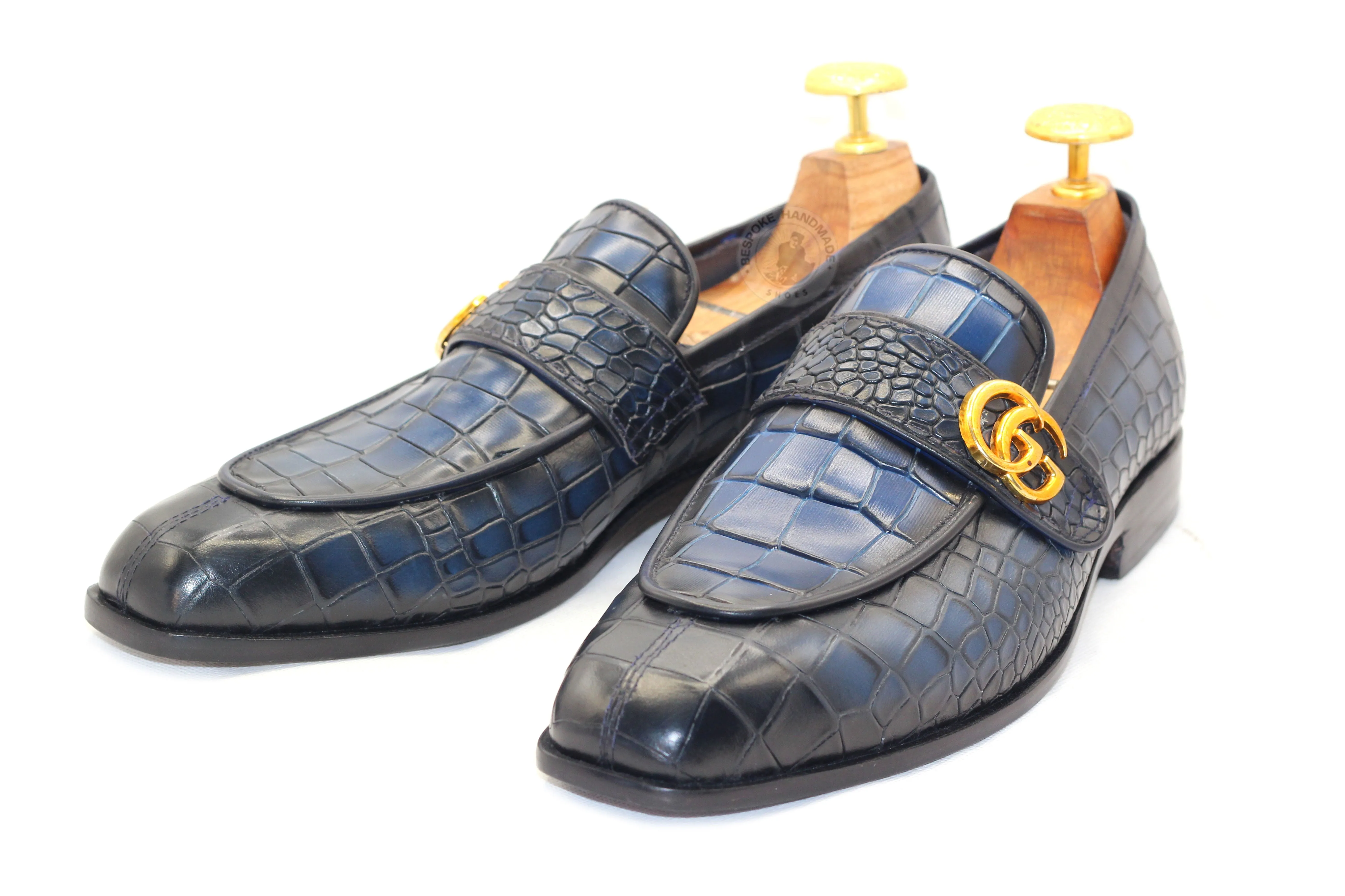 Tailor made Men's Blue Crocodile Print Leather Slip On Loafers Dress and Formal Shoes