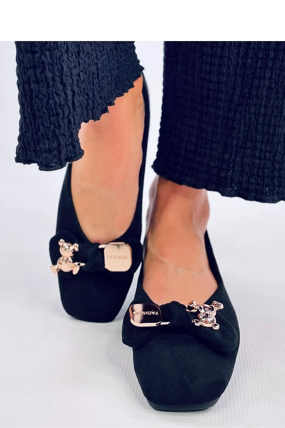 TEEK - Black Bowed Bear Suede Ballet Flats