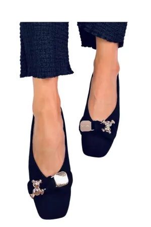 TEEK - Black Bowed Bear Suede Ballet Flats