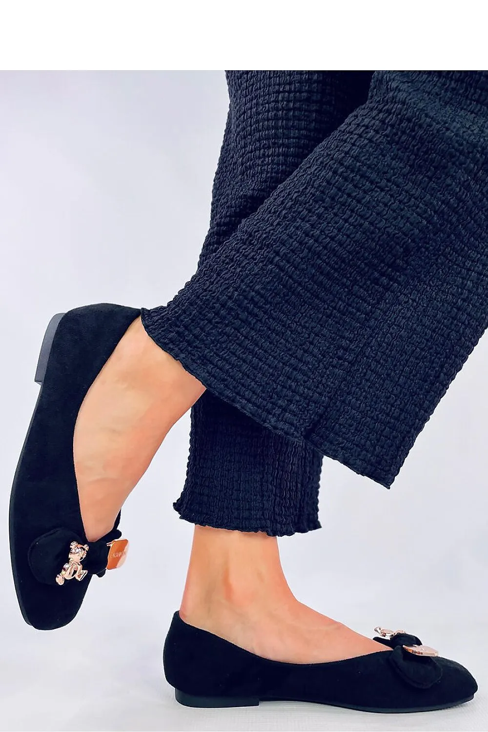 TEEK - Black Bowed Bear Suede Ballet Flats