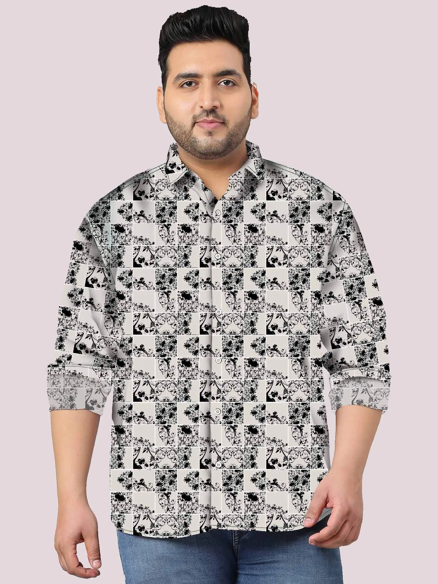 Vector Flower Black Digital Printed Full Sleeve Shirt Men's Plus Size