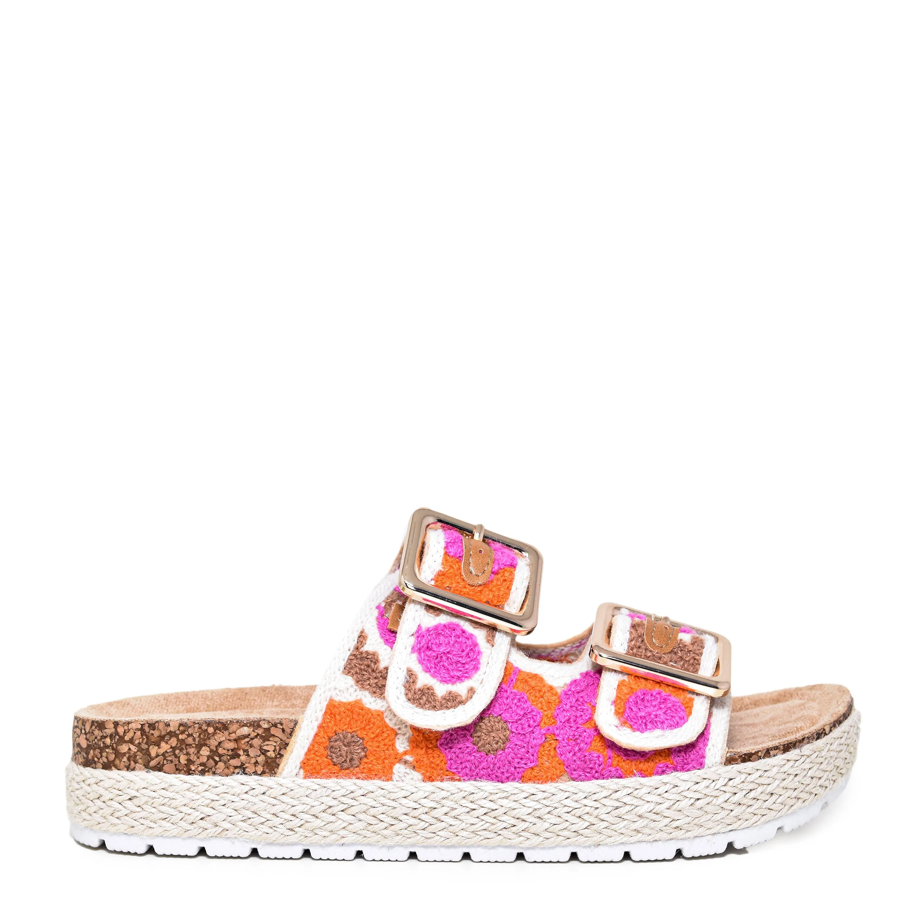 Wild Diva Women's Double Buckle Floral Crochet Cork Flat Sandals