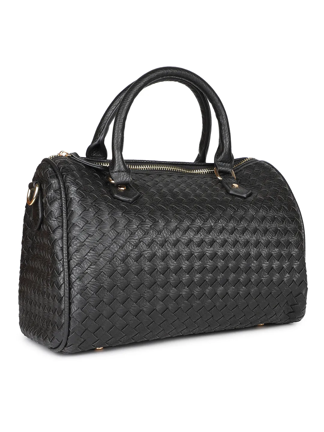 Women Black Woven Textured Structured Handheld Bag