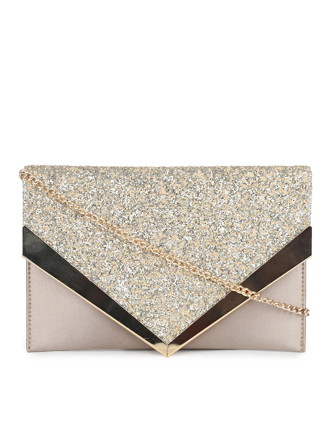 Women Gold Toned Embellished Envelope Clutch