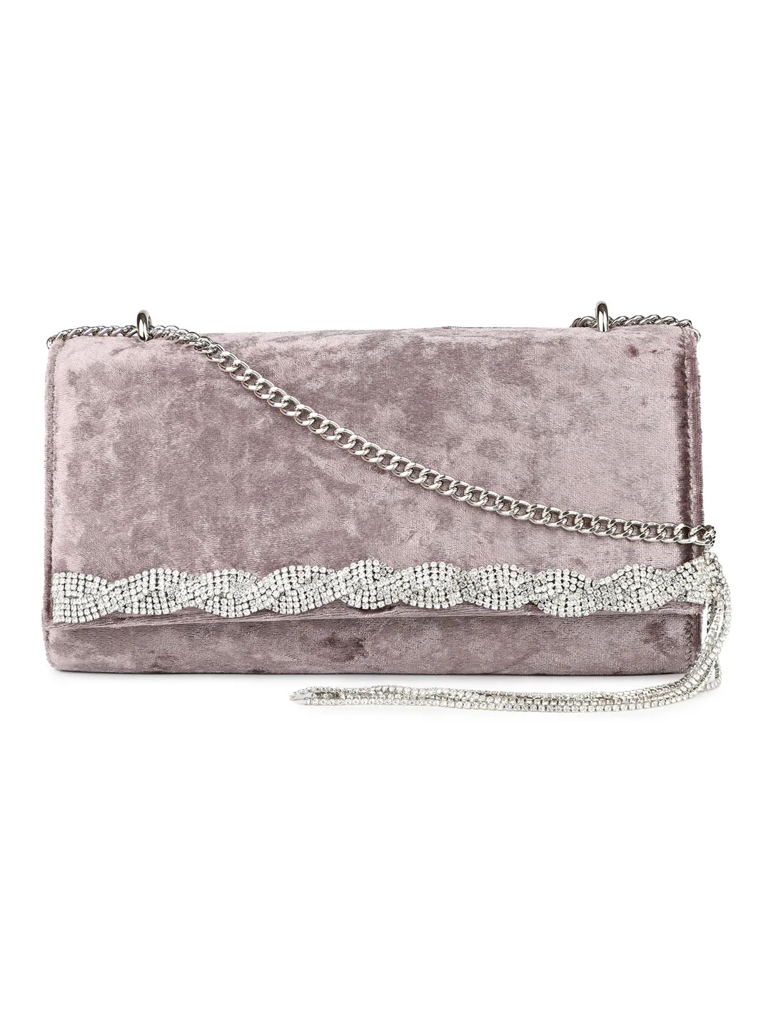 Women Gun Metal Box Clutch With Diamonds