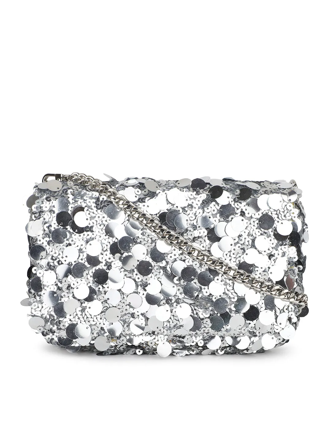 Women Silver Embellished Foldover Clutch